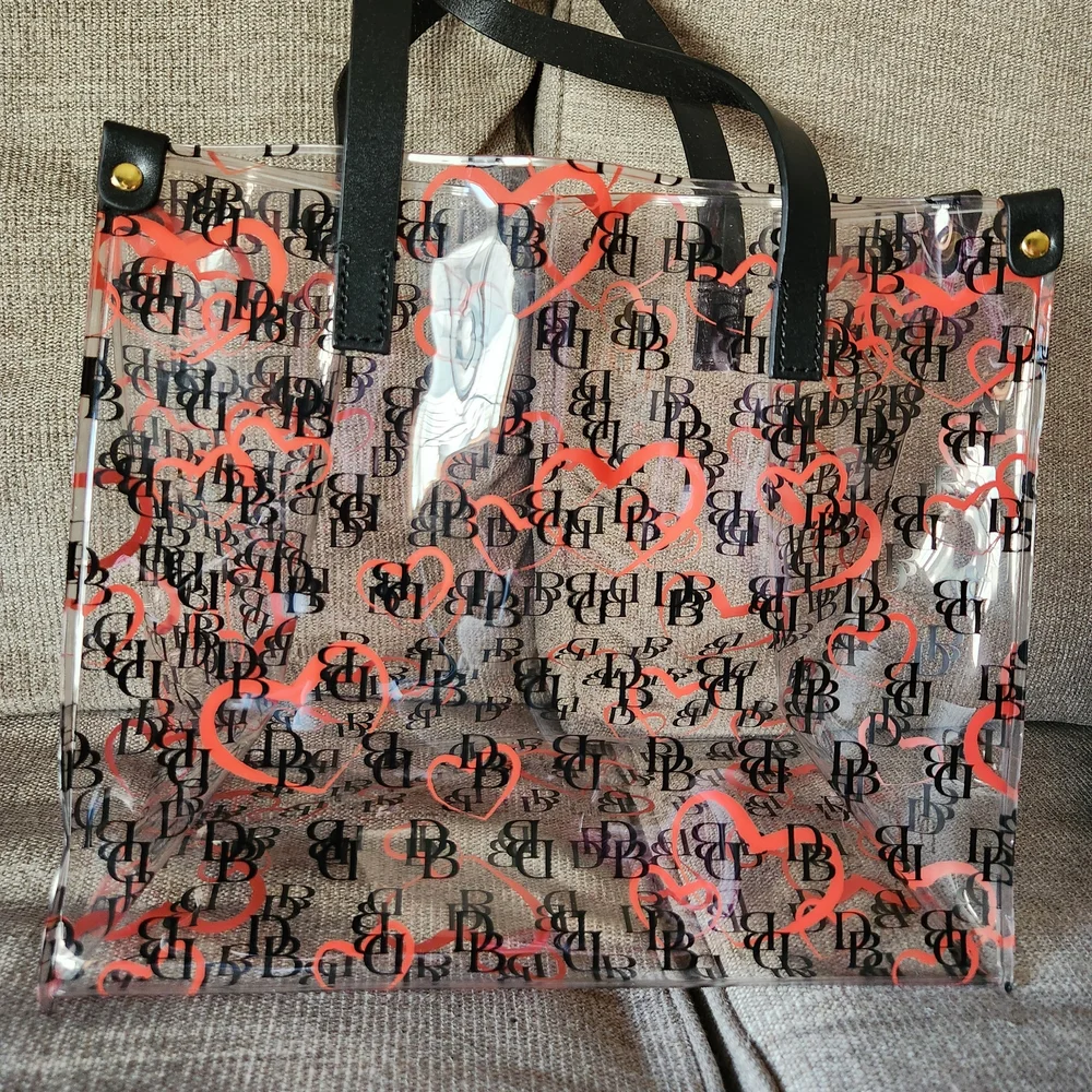 Dooney & Bourke Clear PVC Tote and Zip Pouch with Orange Heart Print - Picture 2 of 10